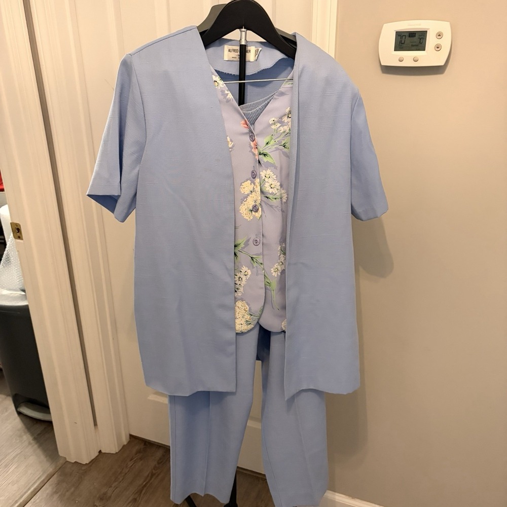 Vintage 80s Alfred Dunner Pant Suit Set 2pc Blue Floral Belt Grandmacore 14 USA